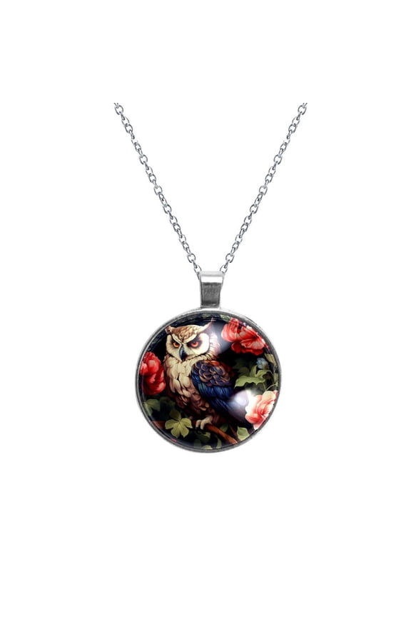 Owl Glass Circular Pendant Necklace - Stylish Jewelry Statement Piece