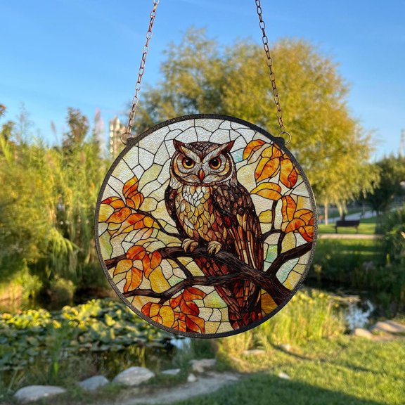 Owl Glass Suncatcher v12, Wise Bird Window Hanging, Birdwatching Nature Art, 3.5 in