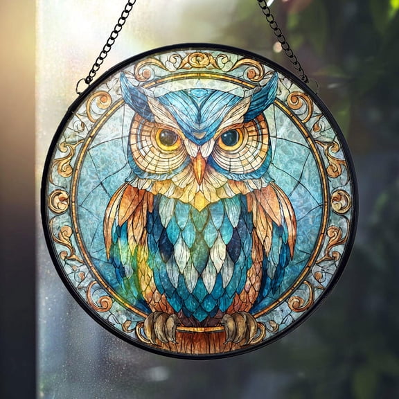 Owl Glass Suncatcher v13, Round Wise Owl Window Hanging, Blue Amber Bird Art, 7.9 in