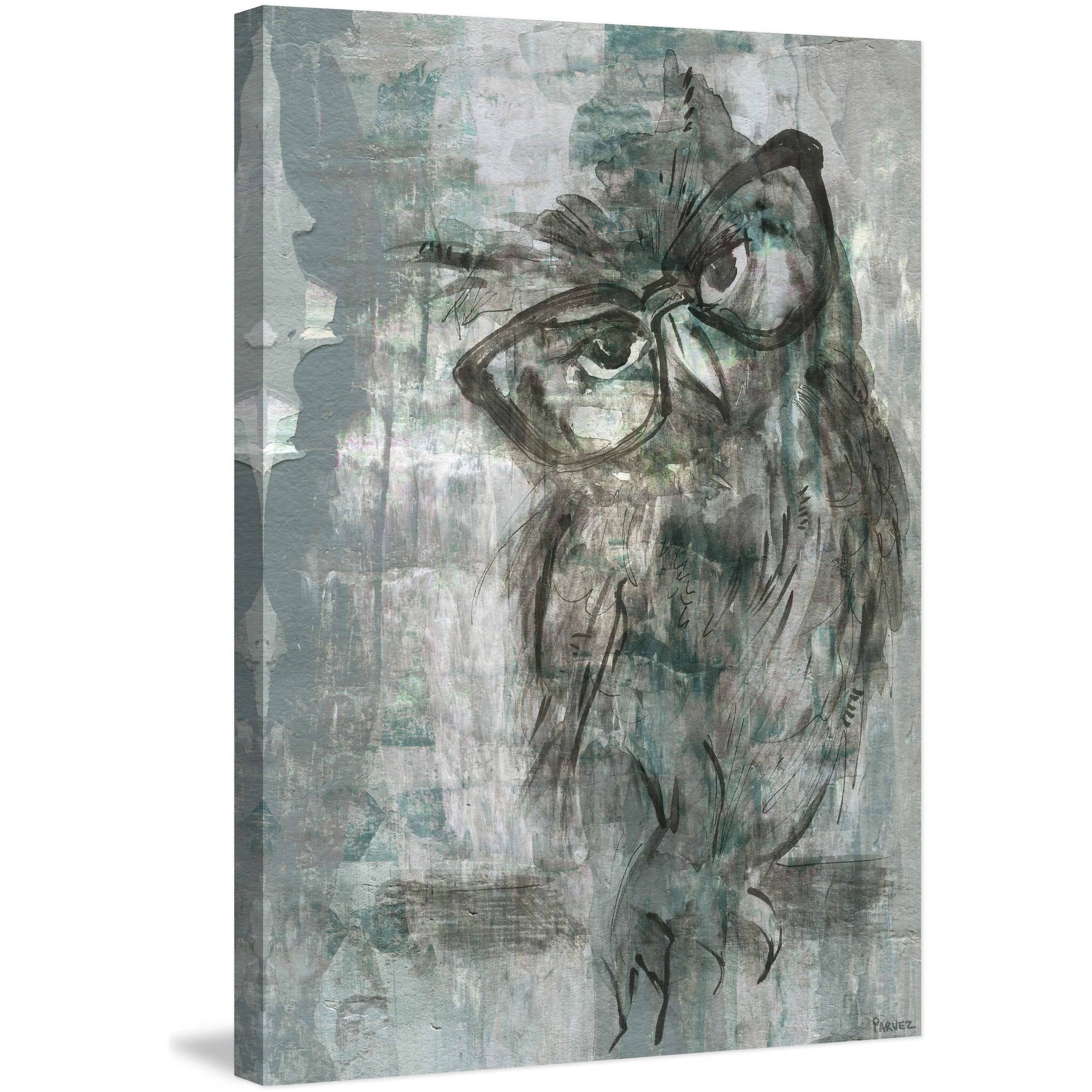 Owl with Glasses Gray and Green Canvas Wall Art