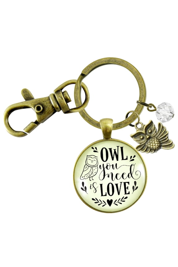Owl Gutsy Goodness Bronze Keychain Owl You Need Is Love Friendship Quote Symbolic Jewelry Inspired Pendant