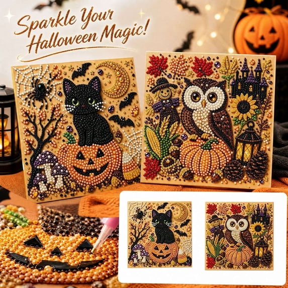 Owl & Halloween Hanging Ornament Set - Sparkling Diamond Painting Kit, B