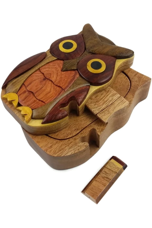 Owl Handmade All Natural Exotic Wood Puzzle Trinket Box