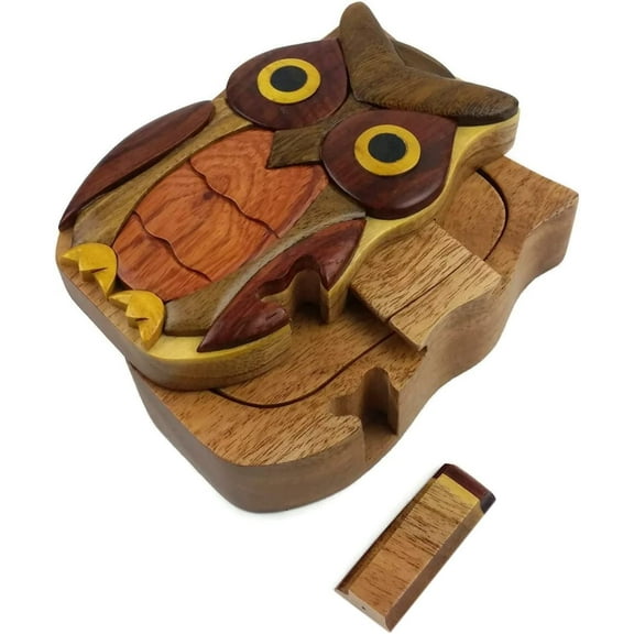 Owl Handmade All Natural Exotic Wood Puzzle Trinket Box