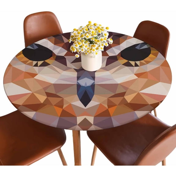 Owl Head Round Tablecloths Elastic Edged Bird Geometric Mosaic Modern Triangle Boho Brown Tablecloths Washable Reusable for Kitchen Picnic Party 40-44 inch