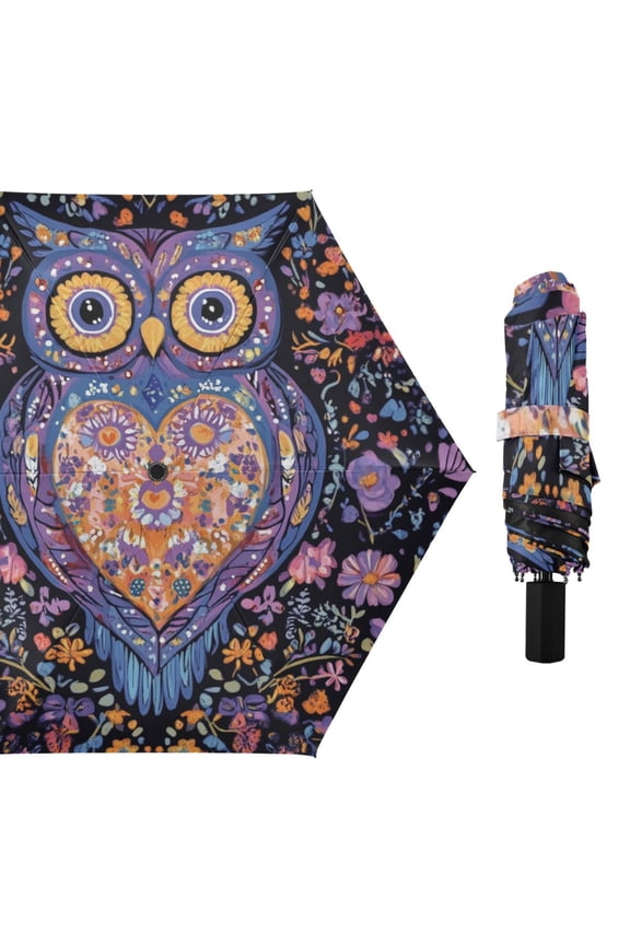Owl Heart Pattern Flowers Leaves All Weather Umbrella Triple Folding Parasol 6 Ribs UV Protection Portable