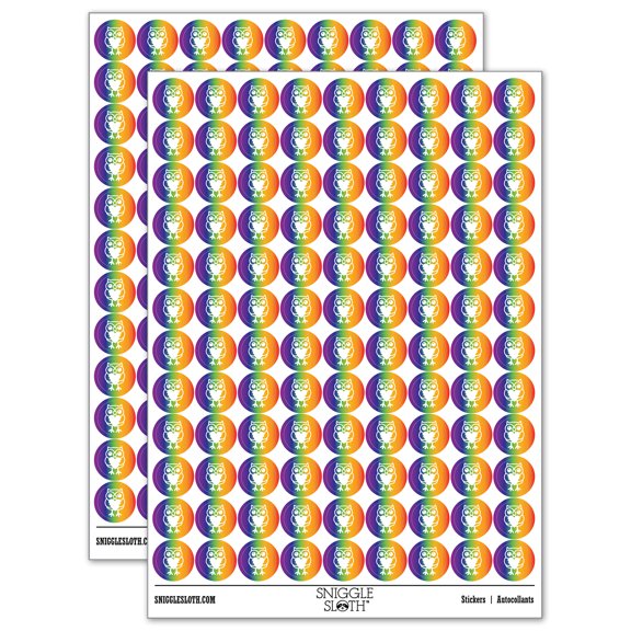 Owl Holding Heart 200+ Round Stickers - Rainbow - Gloss Finish - 0.50" Size