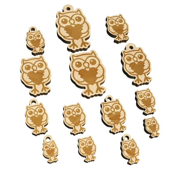 Owl Holding Heart Wood Mini Charms Shapes DIY Craft Jewelry - No Hole - 18mm (17pcs)