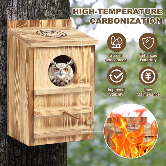 Owl House for Outdoors, Solid Pine Wood Barn & Screech & Barred Owl Nesting Box, Waterproof Anti-Predator Large Owl Boxes for Outside, Multi-Bird Friendly Bird House for Backyard 14.597.5 Inch