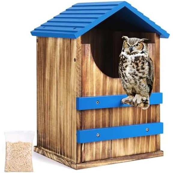 Owl House, Wood Screech Owl House Bird Box with Shavings Owls Boxes for Outside, Owls Nesting Box with Perch Stand & Mounting Kit for Wildlife Habitat Shelter Lovers(Blue) 13.5x7.5x8.7in
