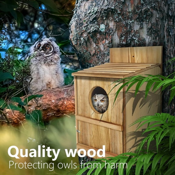 Owl House,Wooden Owl Box,Owl Houses for Outdoors, Suitable for Screech Owl Nesting Box and Kestrels, Easy Assembly with Circular Opening, Includes Mounting Screws and Wood Shavings$$Garden & Patio