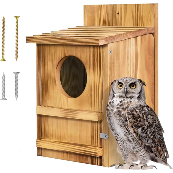 Owl Houses for Outdoors Habitat with Bird Perch Waterproof 36.8x22.8cm | Wooden Bird Nesting Box with Mounting Screws for Backyard Garden Tree Wildlife