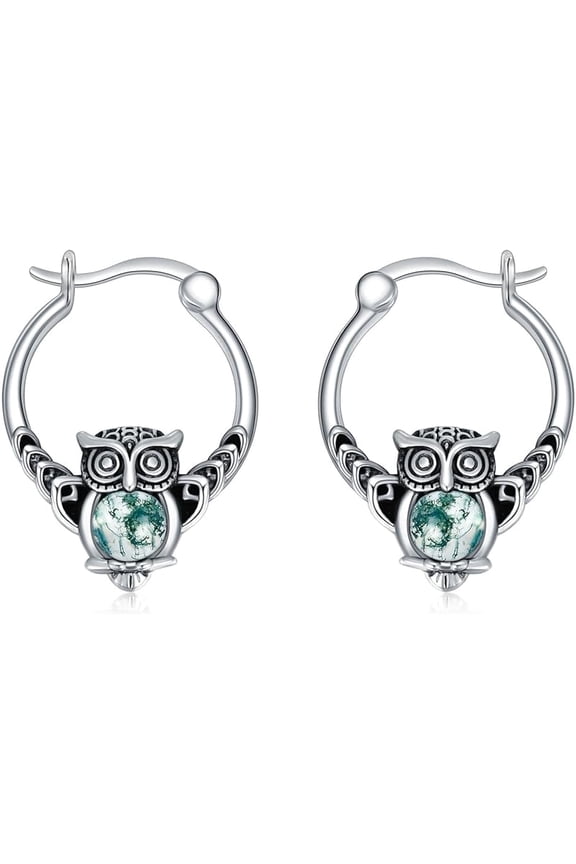 Owl/Hummingbird/Butterfly/Animal Moss Agate Hoop Earrings 925 Sterling Silver Vintage Moss Agate Hoop Earrings for Birthday Women Gifts