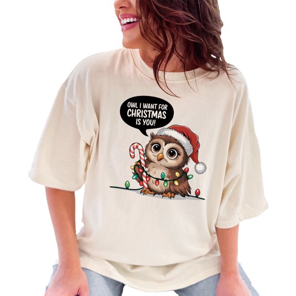 Owl I Want For Christmas Is You T-Shirt, Cute Owl Christmas Shirt, Holiday Owl Tee, Festive Owl Graphic Tee, Christmas T-Shirt Gift, Ivory Comfort Colors T-Shirt, Large