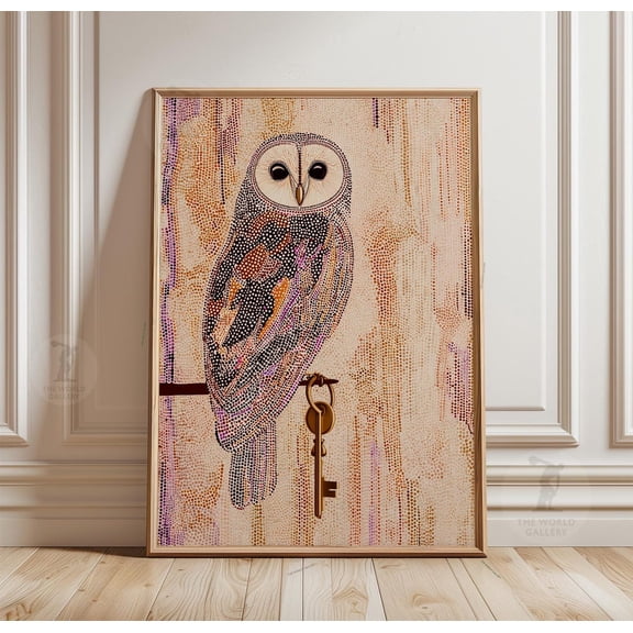 Owl Key Poster Abstract Folk Art Paper Wall Art Home Decor Artwork, Unframed Poster