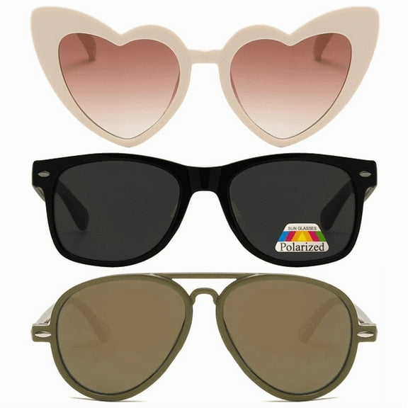 Owl Kid's Assorted 3 Pack Sunglasses – Cute Beige Heart, Black Retro, and Brown Mirror Aviator Styles for Toddlers and Kids | UV Protection, Durable and Stylish Sunglasses for Boys and Girls