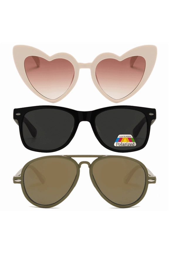 Kid's Assorted 3 Pack Sunglasses – Cute Beige Heart, Black Retro, and Brown Mirror Aviator Styles for Toddlers and Kids | UV Protection, Durable and Stylish Sunglasses for Boys and Girls