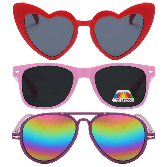 Owl Kid's Assorted 3 Pack Sunglasses – Cute Red Heart, Pink Retro, and Purple Mirror Aviator Styles for Toddlers and Kids | UV Protection, Durable and Stylish Sunglasses for Boys and Girls