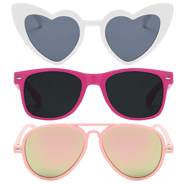 Owl Kid's Assorted 3 Pack Sunglasses – Cute White Smoke Heart, White Retro, and Red Mirror Aviator Styles for Toddlers and Kids | UV Protection, Durable and Stylish Sunglasses for Boys and Girls