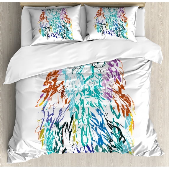 Owl King Size Duvet Cover Set, Owl with Fluffy Swollen Colorful Feathers Large Eyes Vision Sage Camouflage Character Image, Decorative 3 Piece Bedding Set with 2 Pillow Shams, Multi, by Ambesonne
