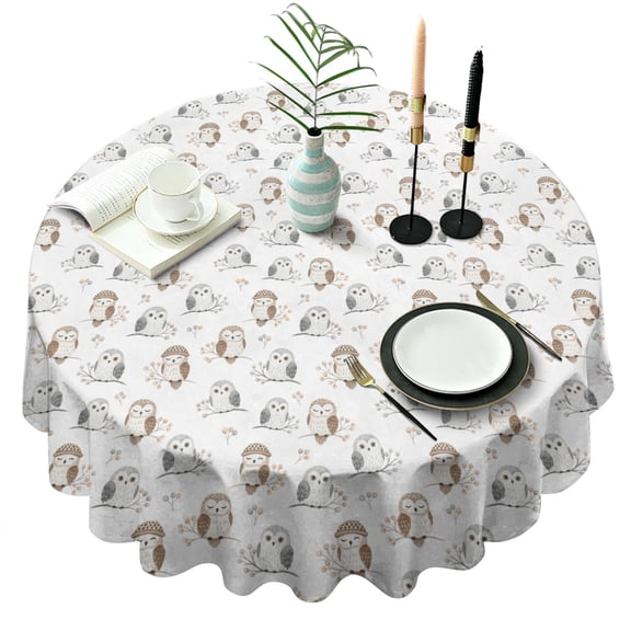 Owl Knit Berries White Pattern Round Tablecloth, Fits 60-Inch Table, Stain & Wrinkle Resistant, Washable Polyester, Kitchen, Wedding, Party