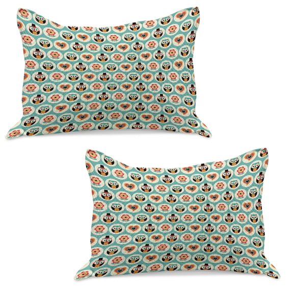 Owl Knitted Quilt Pillowcover Set of 2, Owls in Female and Male Clothing with Hearts Flowers Happy Playroom Print, Standard Queen Pillow Sham Bedroom, 30" x 20", Multicolor, by Ambesonne
