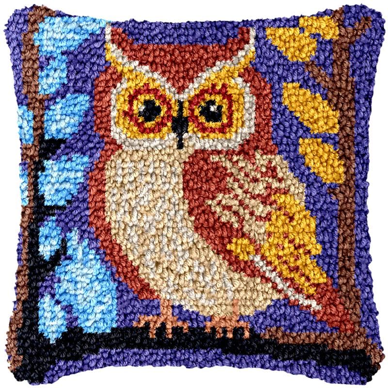 Owl Latch Hook Pillow Cover Kits for DIY Handmade Throw Pillow Cross Stitch Latch Hook Pillowcase Rug Kits with Preprinted Color Pattern Canvas Crochet Yarn Kits 17''X 17''(bs9)