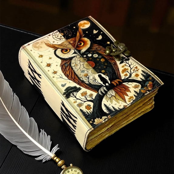 Owl Leather Journal – Gothic Grimoire Book of Shadows – size 5x7 Inch | 200 Pages Handmade Paper | Locking Diary |
