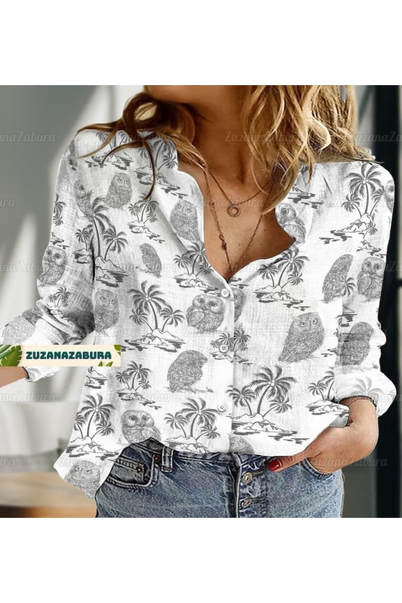 Owl Linen-Look Shirt, Bird Blouse Shirt, Owl Women Shirt, Animal Long Sleeve Shirt, Birding Lover Gift,Animals Button Down Shirt For Vacation