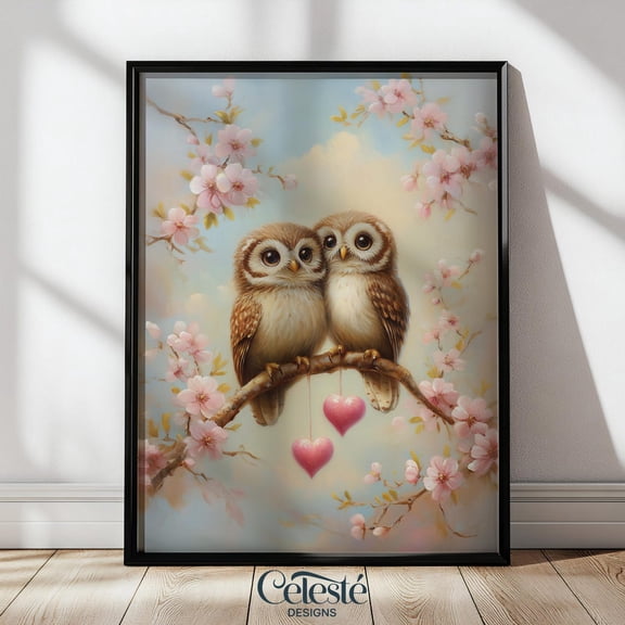 Owl Love Art Print, Valentine Nursery Decor, Floral Heart Home Decor #849, 24x36 UNFRAMED