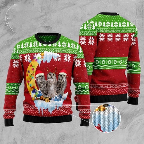 Owl Love Moon Xmas 3D Christmas Sweater, Funny Xmas Sweater, Sweater Xmas