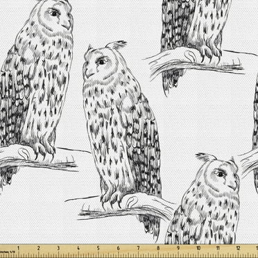 Ambesonne Owl Lover Fabric by the Yard Upholstery, Bird on Branch Sketch, 5 Yards, Charcoal Grey and White