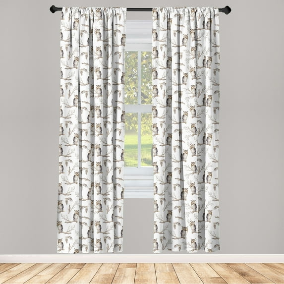 Owl Lover Window Curtains, Autumn Forest Birds Perching on the Dried Branches Woodland Tree Art, Lightweight Decor 2-Panel Set with Rod Pocket, Pair of - 28"x95", Pale Brown Grey White, by Ambesonne