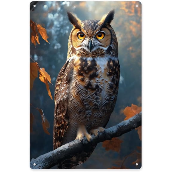 Owl Metal Tin Sign, Wildlife Wall Art Decor, Owl With Yellow Eyes on Snowy Branch, Aluminum Poster for Home or Cabin, 8 x 12 Inch