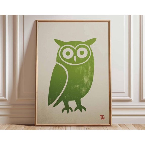 Owl Minimalist Animal Vintage Style Modern Green Owl Wall Art Print, Unframed Paper Poster 24x36in