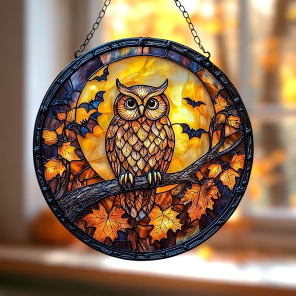 Owl Moon Acrylic Suncatcher - Faux Stained Glass Autumn Window Hanging - Halloween Decor, Nature Art, Gift For Her, Fall Home Accent