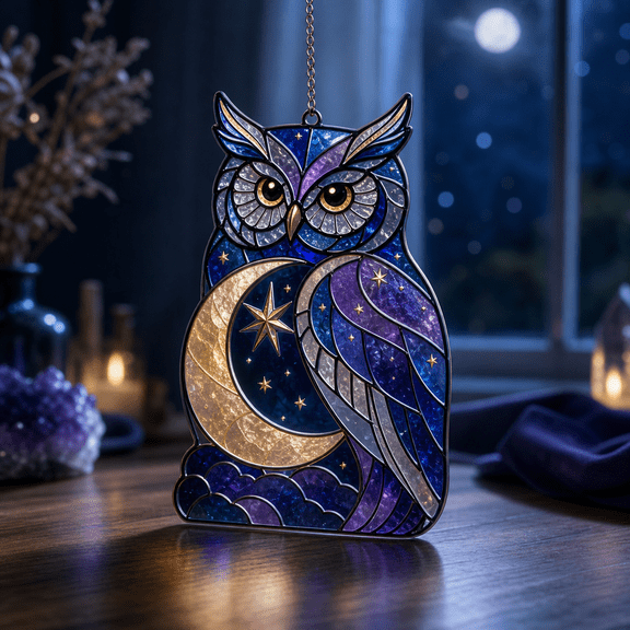 Owl Moon Acrylic Suncatcher Window Hanging, Celestial Owl Gift for Nature Lovers