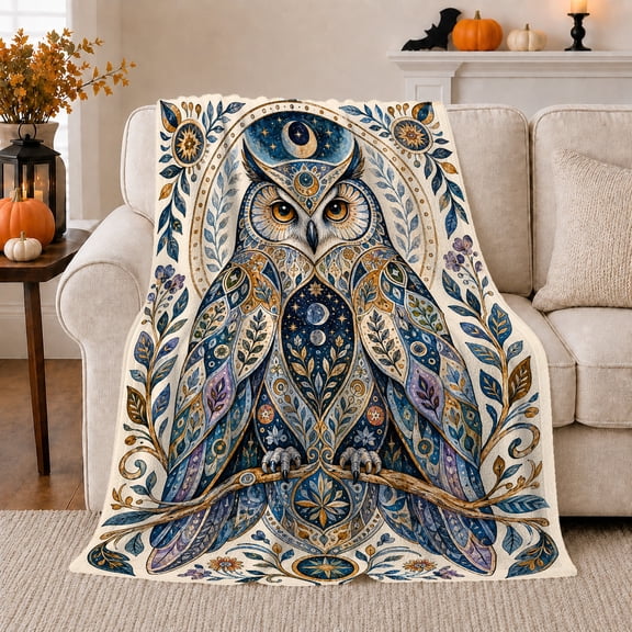 Owl with Moon Eye and Botanical Feather Patterns, Wise Celestial Folk Art Motif for Owl Lovers, Graduation Gift, Soft Flannel Blanket for Study Room and Bedroom, Whimsical Home Decor
