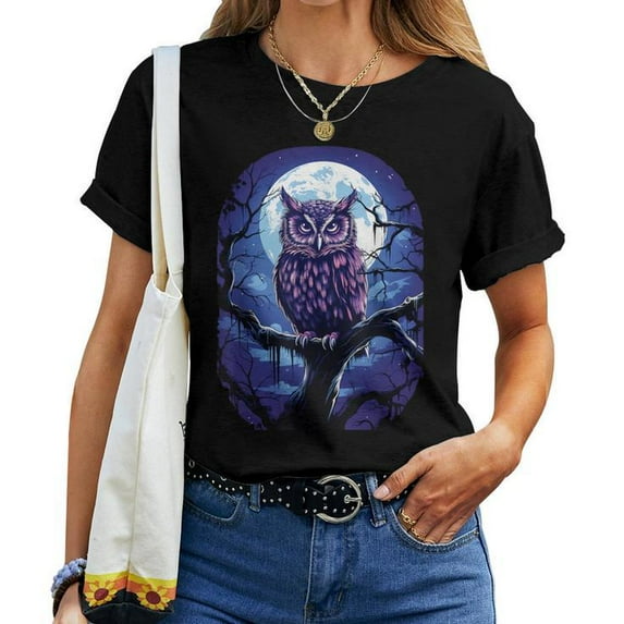 Owl Moon Graphic Girls Boys Women T-Shirt, Cute Nocturnal Animal Design Tee, Vintage Style Nature Lover Apparel, Fun Gift Idea for Owl Enthusiasts, Kids, Teens, and Adults, Wildlife and