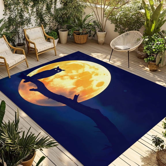 Owl Moon Halloween Outdoor Rug 4x6 Ft - Reversible Patio Rug Outdoor Camping Rugs, Silhouette Navy Blue Animals Washable Indoor Outdoor Area Rugs, Non-Slip Outdoor Carpet Runner for Deck/Porch