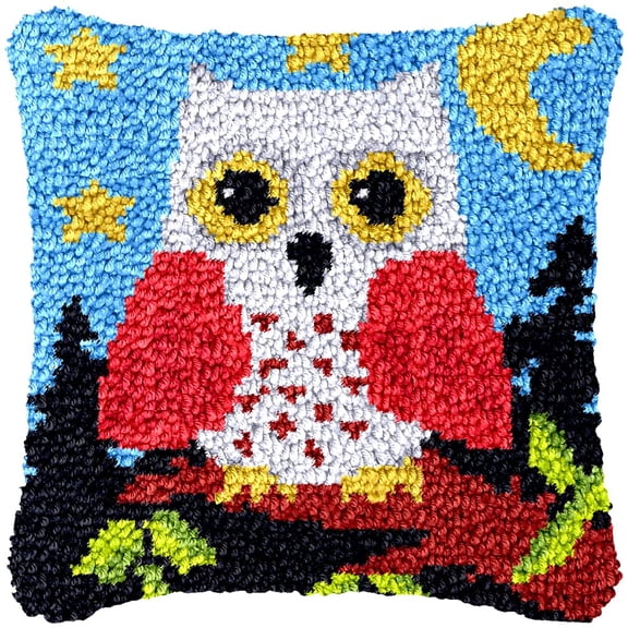 Owl & Moon Latch Hook Kits Pillow Cover DIY Rug Making Crochet Hook Cushion Making Kits with Preprinted Pattern Canvas DIY Needlework Crochet Kits Sofa Decor 43x43cm