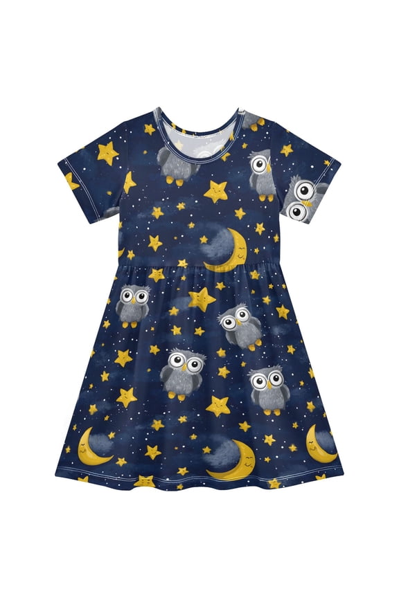 Owl Moon Pattern Girls Short Sleeve Dress A Line Sun Protection Breathable Comfort Sundress 3T