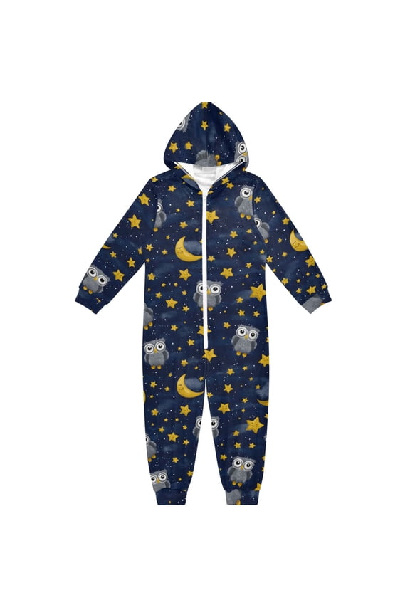Owl Moon Pattern One Piece Pajamas Soft Jumpsuit Cozy Sleep and Play Romper Zipper and Pockets 5T-6T