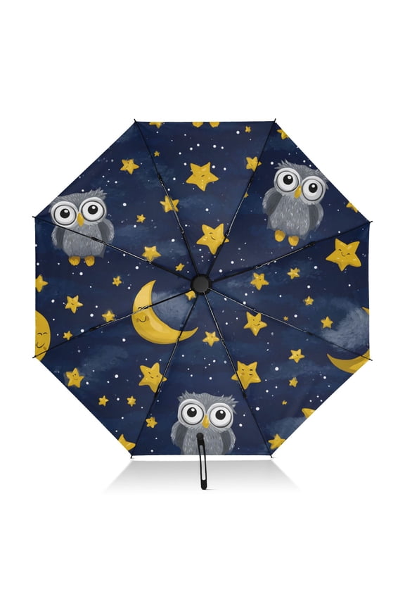 Owl Moon Pattern Umbrella Folding Sun Umbrella Travel Auto Open Close Large UV50+ 40in