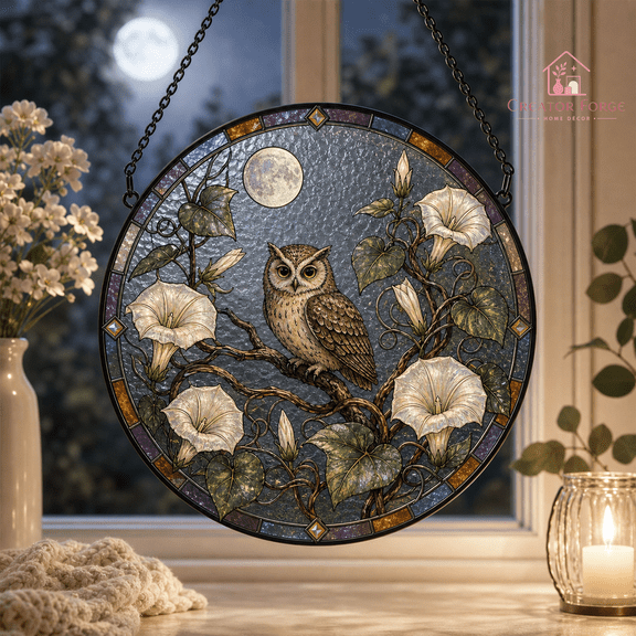 Owl Moonflower Stained Glass Suncatcher Window Hanging Gift for Nature Lovers