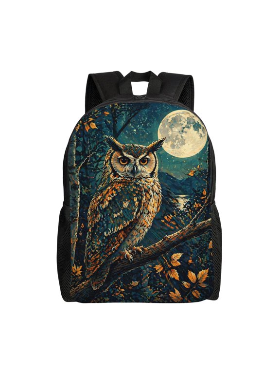 Owl Moonlit Night Backpack Full Front Print Travel Laptop Bag for Men and Women