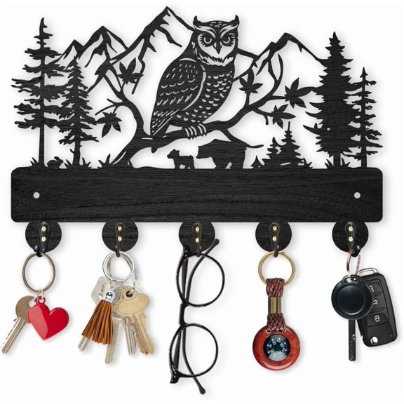 Owl Mountain Forest Coat Rack 11.8×7.9inch Wood Bear Family Key Holder for Wall Autumn Forest Animal Wall Key Hooks Hanger 5 Alloy Hooks Key Rack for Home Art Decor Entryway Gift