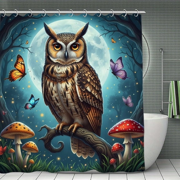 Owl Mushroom Print Shower Curtain,Modern Fabric Waterproof Shower Curtain Set with Hooks 70.8×70.8Inch (180×180cm)