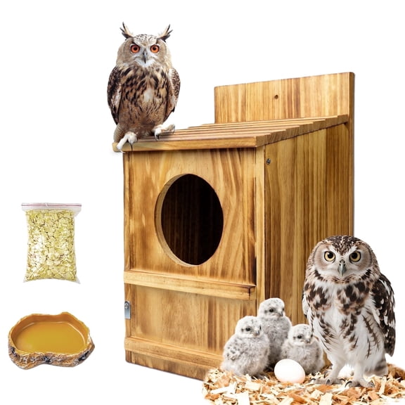 Handmade Wooden Owl House for Outdoors, Carbonized Nesting Box for Screech & Barn Owls with Water & Bait Bowl, Nesting Shavings Included, Bird House, Easy Assembly, Boxes for Outside, 14.5"x9"x7.5"