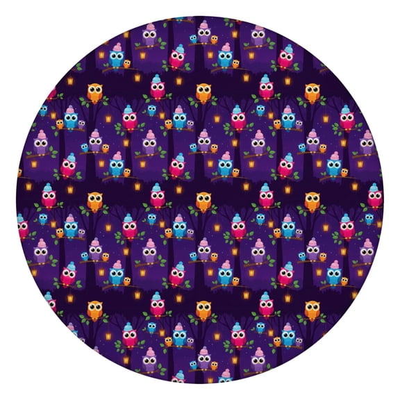 Owl Night Forest Purple Pattern Round Elastic Tablecloth, 36-44 Inch Waterproof, Machine Washable, Indoor & Outdoor Use